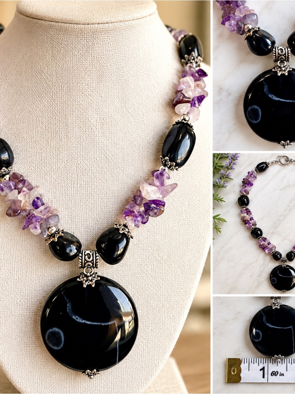 Elegant Black Onyx & Purple Amethyst Statement Necklace